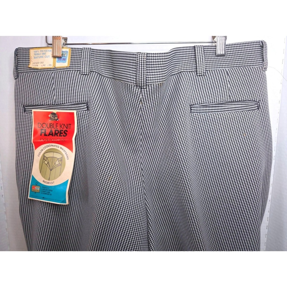 VTG Kmart Houndstooth‎ Flare Pants Double Knit 70s Retro 42x33 Black White NWT